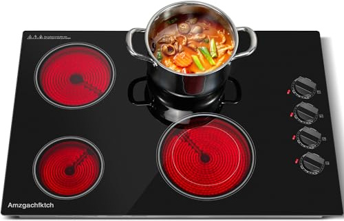 Electric Cooktop 30 Inch - 4 Burners Built-in Ceramic Cooktop, 30 Radiant Electric Stove Top with Knob Control, Hot Surface Indicator, 6700W, 220-240V Hard Wire(No Plug)
