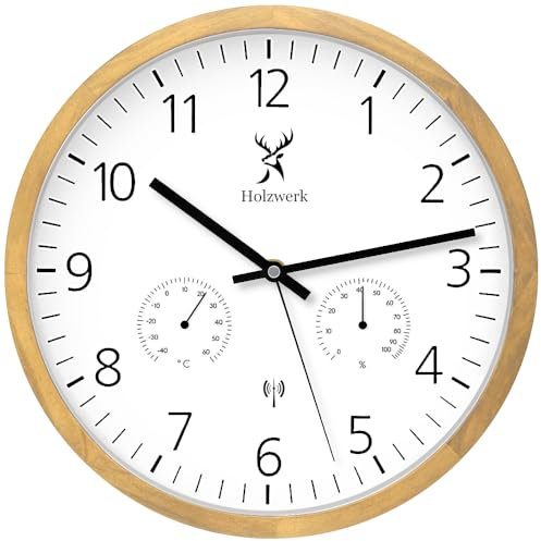Holzwerk WEGBERG Horloge murale radio-pilotée avec affichage de la température, hygromètre, hygromètre, hygromètre, horloge en bois, horloge radio-pilotée, silencieuse, sans bruit de tic-tac, marron