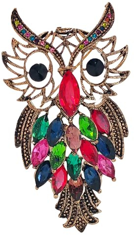 Vintage Eule Brosche mit Kristallen, Antik Kupfer, Mehrfarbig Strass Schmuck