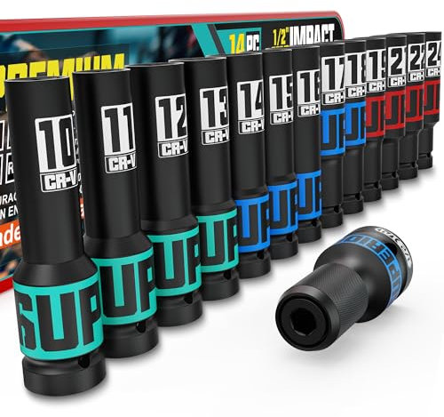 KIRXST 14-Piece 1/2 Drive Impact Socket Set, 10-24mm Thicker Deep Sockets with Storage Case and 1/2 to 1/4 Impact Wrench Adapter, Metric 6 Point Socket Set for Automotive and Home