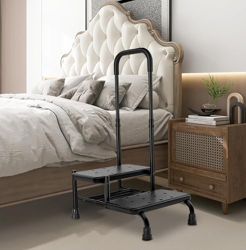NIdreamCE Bed Steps for High Beds for Elderly,Adults,2 Step Stool with Adjustable Handrail for Fall Prevention Foot Stool Ladder for Bedside,Kitchen, Car,Caravan,Bathtub(Black