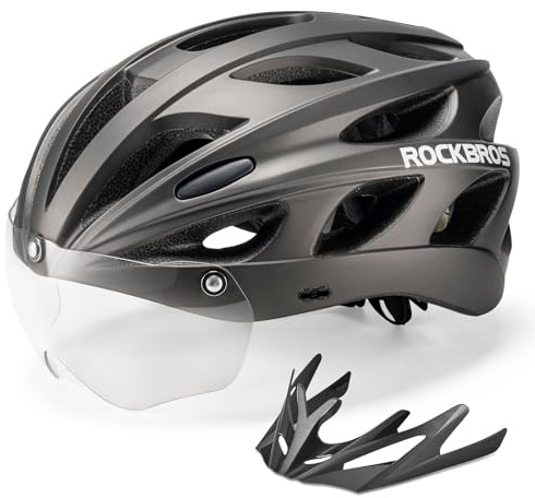ROCKBROS Cykelhjälm justerbar cykelhjälm lätt med avtagbara magnetiska skyddsglasögon skärm vuxen MTB vägcykel titan fotokromatisk lins L