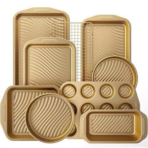 HONGBAKE 9-Piece Non Stick Baking Pans Set with Wave Texture for Reduced Oil, 0.8mm Thick Non Toxic Bakeware Sets, Includes Stackable Cookie Sheets for Oven Cooking, Cake Pan, Muffin Pan, Gold