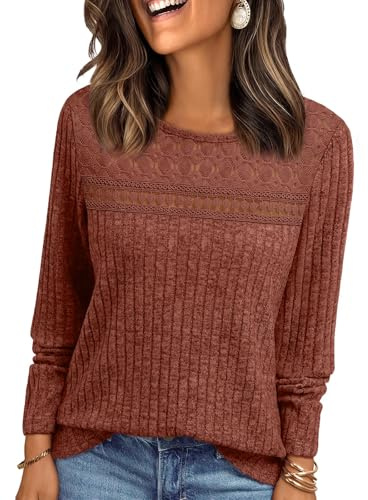 EIRUKON Maglione Donna Leggero Elegante Maglia Maniche Lunghe Pizzo Maglioni Girocollo Signore Pullover Moda Tunica Top per l'Autunno Inverno,Caramello,XXL
