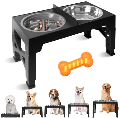 Auveach Erhöhter Hundenapf 5-Fach höhenverstellbar + Kauspielzeug in Knochenform - Edelstahl Napf 1200ml & Anti-Schling Napf 800ml für alle Hunde (Schwarz)