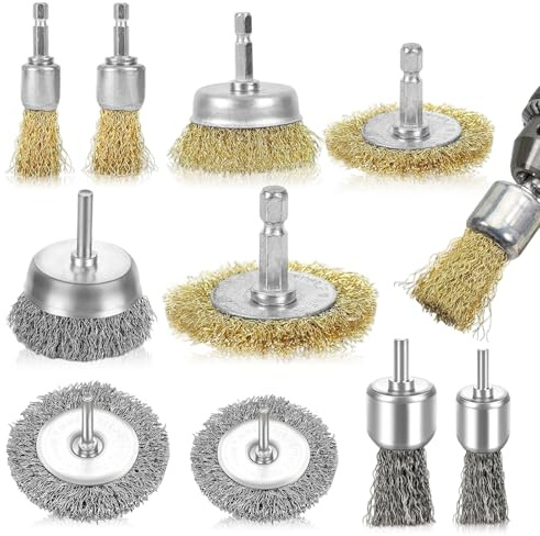 10 PCS Wire Brush Set, Wire Brush for Drill Brass Coated Wire Wheel Brush Drills Set with 1/4 Hex Shank Cup Wheel Kit Metal Brushes Polishing Accessories for Rust Removal