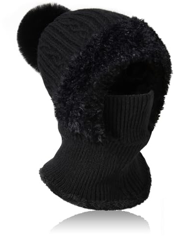 AYPOW Hiver Chaud Tricoté Bonnet et Ensembles De Cache-Cou, Balaclava Chapeaux Femme Écharpe à Capuche Cagoule Coupe-Vent Avec Pompon Doublure Polaire Masque Facial Pour De Plein Air