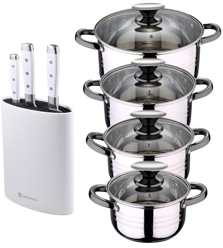 Batterie 8 pièces en acier inoxydable adaptée à l'induction Collection San Ignacio Premium + jeu de 3 couteaux en acier inoxydable + tacoma de couleur blanche