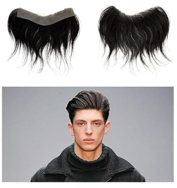 Für Männer Männer Stirn Haaransatz Toupet 1B# Off Black Echthaar Dünne PU Haut Natürlicher Herren Haarteile Perückenkopf(Size-7x16cm)