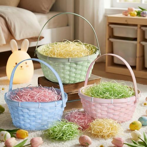 Lanpn Juego de 3 Cestas de Pascua Hechas a Mano en Bambú Natural con Rafia y Hierba – para Huevos, Golosinas y Decoración Pastel (Rosa, Azul, Verde)