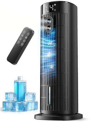 Condizionatore Portatile Raffreddatore d'aria Silenzioso (Aggiornato) per Casa Ufficio - Velocità 7,5 m/s, Oscillazione 90°, 4 Velocità, 2 Modalità, Timer 10H, Telecomando, Senza Lama, Nero Carbone