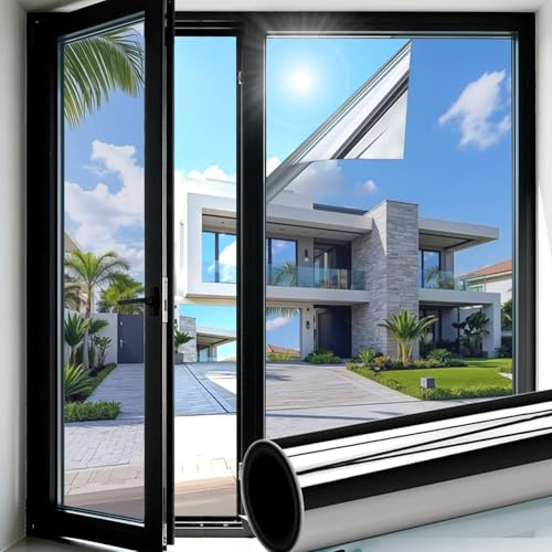 Folizent One Way Clear Window Film Privacy Heat Reflective Mirror Window Tint Film Sun Blocker UV Windows Film Anti Glare for Home Office Silver 44.5x200cm