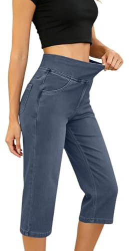 Pantacourt Jean Femme Droit Pantalon Jean 3/4 Femme Taille Elastique 7/8 Jeans Elastique Jeans Push Up Slim Pantalon Taille Haute Décontracté Capri Pants pour Plage Vacances et Jogging Sport Loisirs