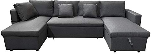 Happy Garden Canapé panoramique Convertible Scott 4 Places en Tissu Gris chiné. Canapé avec méridiennes et Coffre de Rangement.