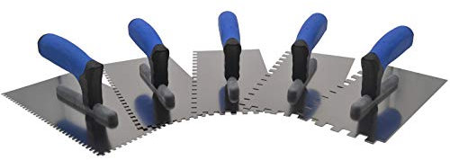 DEWEPRO® 5-teiliges Zahnkellen-Set Modell PROFI III - Glättekelle gezahnt - Zahnung: 4x4mm, 6x6mm, 8x8mm, 10x10mm und 12x12mm