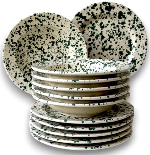 Colì Majolica und Steingut aus 1650 meliertem Türkis Set handbemalter Terrakotta-Tischplatten Tischservice für 6 Personen 12 Stück Enthält 6 Tiefe Platten 23 cm und 6 Flache Platten 24 cm
