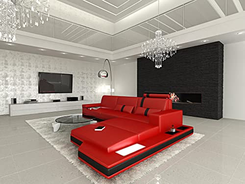 Ledersofa Messana L Form Sofa - mit LED Beleuchtung, verstellbare Kopfstützen, Recamiere/Lederfarben wählbar/Ausrichtung Ottomane wählbar (Ottomane rechts, Rot-Schwarz)