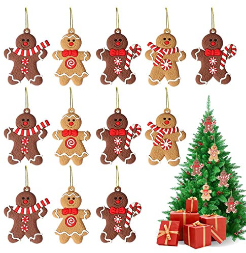 Zueyen Confezione da 12 decorazioni da appendere all'albero di Natale, set di ornamenti con motivo di pan di zenzero, per feste, , accessori fai da te (4 stili di design)