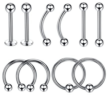 Lieson 10 Stück Nasenpiercing Ring Edelstahl 16G Nasenring Nasenstecker Gerade Stab C Form 10MM Piercing Septum Knorpel Tragus Helix Ohrringe Silber