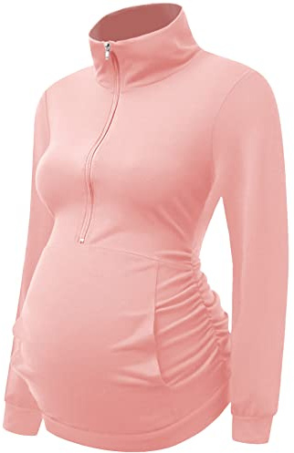 DEBELLY Maternity Pullover with Half Zip for Work Out and Casual Wear Pink