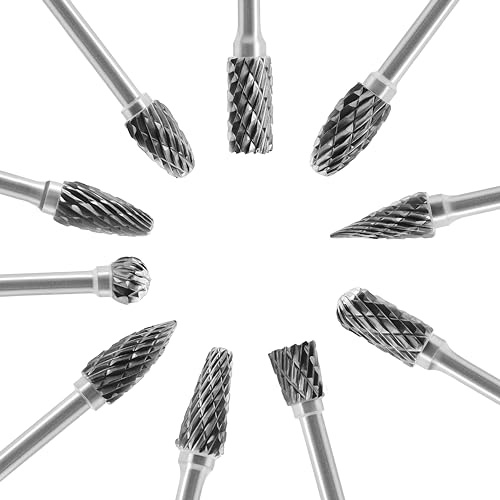 Tungsten Carbide Burr Set 1/8 (3 mm) Shank, 1/4 (6mm) Head, Die Grinder Bits 10 PC, Carving Bits, Double Cut Rotary Burr Set for Metal Carving, Engraving, Drilling, Polishing