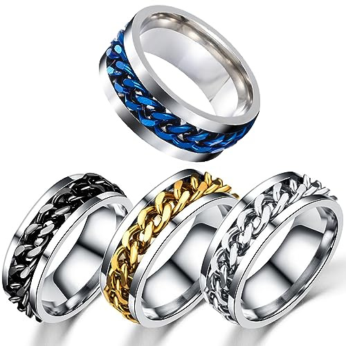 CUZYP 4 Stück Edelstahlringe, Ring，Spinner Ring，Edelstahl Ringe Herren，Kettenglieder Für Damen Und Herren, Bierkorkenzieherringe,Punk-Hip-Hop-Pop-Ringe (Gold, Silber, Schwarz Und Blau)