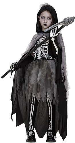 Ulikey Costume da Tristo Mietitore Ragazza, Grim Reaper Costume, Abito da Mantello di Halloween con Vestito, Mantello con Cappuccio, Guanti e Collant Stampati, Catena in Vita e Falce (X-Large)
