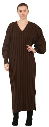 janisramone Robe longue à col en V côtelée pour femme - Manches ballon - Longue robe d'hiver, marron, taille unique