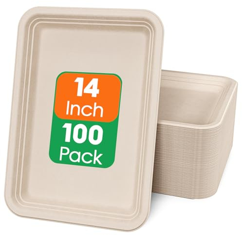 ECOLipak 100 Pack 14 Inch Disposable Food Crawfish Trays, Compostable Large Paper Plates, Disposable Thanksgiving Trays for Serving Food, Turkey, BBQ, Seafood Boil Party Supplies(Nature)