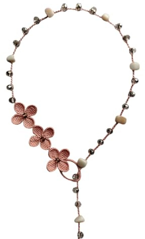 collana fiore di ortensia con perline di madreperla e cristalli di vetro, rosa, collana lunga, collana a Y/a cravatta all'uncinetto, artigianato italiano, made in Italy