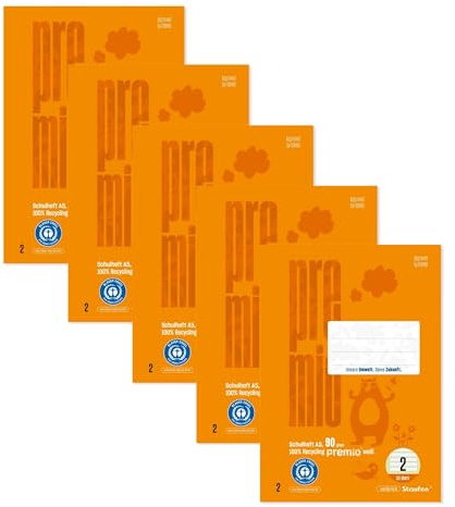 Staufen premio Schulhefte - 5 Hefte je 32 Blatt, Lineatur 2, DIN A5, 90 g/m², liniert 4/4/4 mm