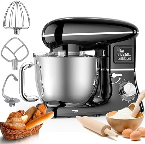 Batteur sur socle, batteur électrique à 6 vitesses, batteur de cuisine électrique avec écran LCD, bol en acier inoxydable, crochet pétrisseur, batteur plat, fouet à œufs, for faire du pain(Black)