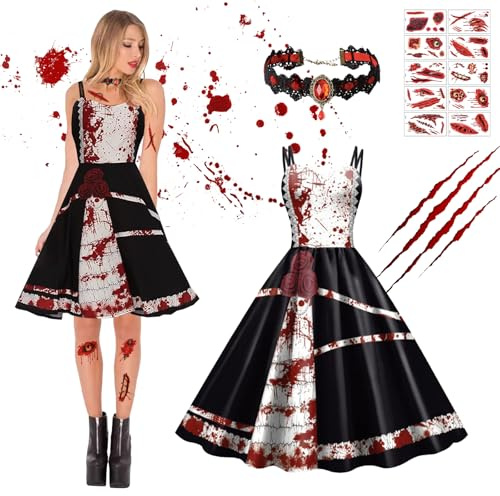 DAZZTIME Costume d'Halloween pour Femme,Nouvelle Robe d'halloween Robe Licou,Blanche avec T de Sang,Midi avec Imprimé Sanglant,pour Robes de Soirée,Pour les Carnavals,Carnavals et Soirées à Thème
