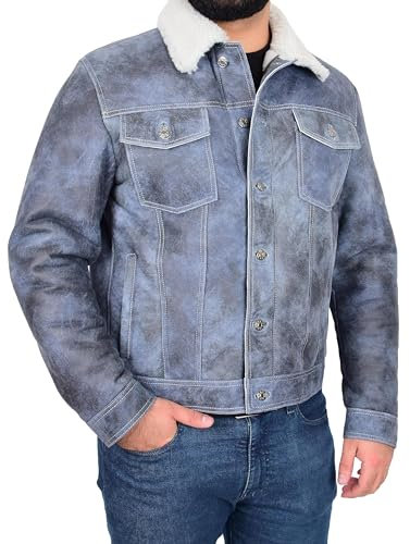 Divergent Retail Herren Jacke aus echtem Schaffell, Denim-Stil, Trucker-Typ, Blau, Aymar, denim-blau, M