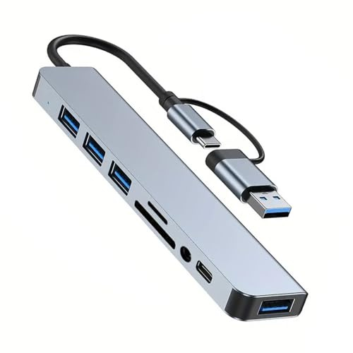 Hub USB C per laptop, EFFIET 8 in 1 Hub USB 3.0, con 5 porte USB TF/SD Card Reader, porta DC USB Splitter per PC, prolunga USB per PC, laptop, MacBook iMac Air, alluminio