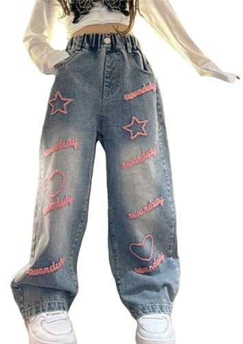 Jeans à motif d'étoile mignonne pour filles et enfants - Pantalon ample en jean à jambe large - Décontracté - Printemps - Streetwear - Pantalon vieilli - Jeans déchirés - Taille 16 ans - 8-12 ans -