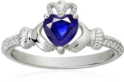 Herzförmiger Zucht-Saphir-Geburtsstein Claddagh-Ring aus 925 Sterling Silber – 6MM herzförmiger Zucht-Saphir-Ring, Irischer Schmuck, Glücksbringer für Damen, Größe 9