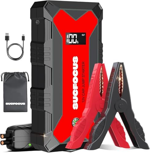 Arrancador de Coches, SUCFOCUS Arrancador de Baterias de Coche Portatil (para 8.0L de Gasolina o 7L de Diésel), Jump Starter con Linterna LED de Emergencia/USB QC3.0
