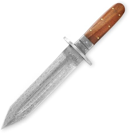Perkin Jagdmesser mit Damaststahl Klinge, Full Tang, Feststehend, mit Scheide