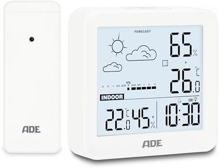 ADE Pequeña estación meteorológica digital con sensor exterior y previsión meteorológica | temperatura interior y exterior | humedad | reloj radiocontrolado con despertador | incl. pilas | blanco