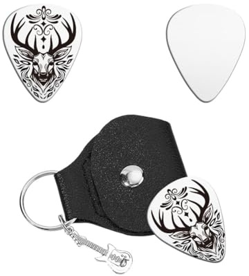 UNICRAFTALE Personalisierte Gitarrenplektren Geschenke Gitarrenplektrum Schlüsselanhänger Elch Timerman Edelstahl Gitarrenplektrum Mit PU Lederetui Plektrum Gitarren Set Für Gitarrenspieler Geburtstag