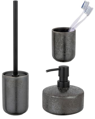 Schöner Wohnen Kollektion Bad-Accessoire Set Mod. Rufina 3-teilig Keramik mit Effektglasur Seifenspender Zahnputzbecher WC-Garnitur Farbe Dunkelgrau Maße 10,5 x 39,5 cm