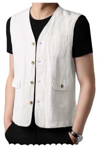 Tuikayoo Herren Leinenweste für Sommer Strand Slim Fit Leichte Casual Weste（Weiß，XXL）