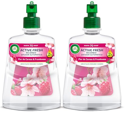 Air Wick Active Fresh Spray Automatico Sin Aerosol - Ambientador para casa con aroma a Flor de Cerezo & Frambuesa - Pack de 2 Recambios (228mlx2)