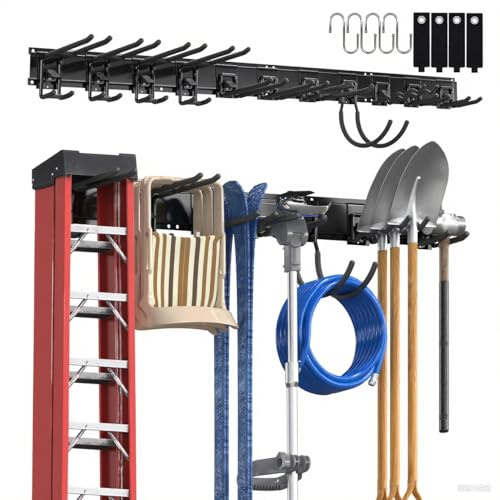 3-H Portautensili per garage, 160 cm, regolabili, 11 ganci da parete per garage e 4 ganci a S, per attrezzi da giardino, per cantina, attrezzature da sci, scopa, rastrello, nero