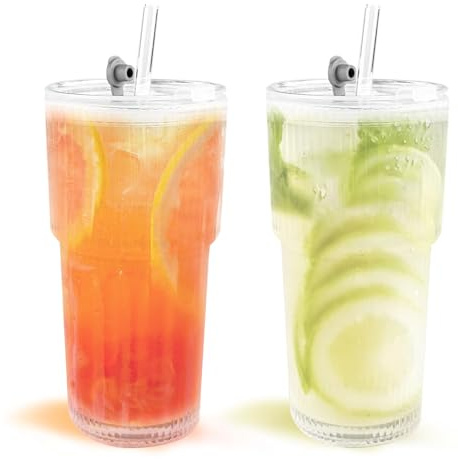 Legpador Cannucce Vetro, Bicchiere con Cannuccia Ghiacciato Tazza,Coperchio | Coste Bicchiere Vetro Strisce con Cannuccia Bicchiere, Glass with Straw Tazze con Cannuccia da a Righe