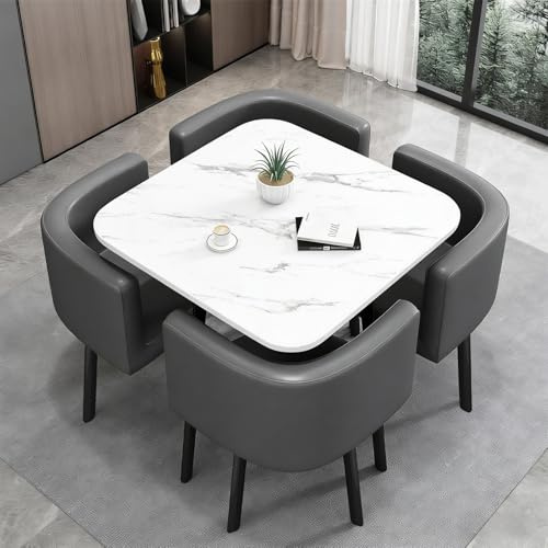 VTELGT Dining Table and Chairs Set 4, 5 Piece Modern Dining Table Set, Faux Marble Tabletop with 4 PU Leather Chairs, Kitchen Table, Meeting Table for Space Saving,White Square