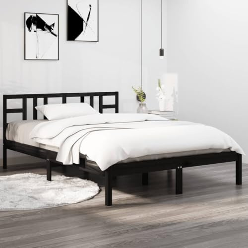 Qnhdfrt Massivholzbett Schwarz 140x190 cm Bettgestell aus Kiefernholz mit Kopfteil und Sperrholzlatten Rustikales Design für Schlafzimmer und Gästezimmer