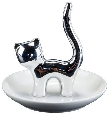 ACOLY Niedlicher Ringhalter mit Tier-Katze, Schmuckschale, Schmucktablett, Keramik-Ring-Organizer für Damen und Mädchen, Aufbewahrung von Armbändern, Ohrringen und Halsketten, Silberne Katze