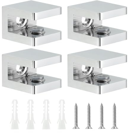 TA-VIGOR 4pcs 5-8mm Glass Clamp Adjustable Brass Shelf Brackets with Rubber Pads, No-Drill Shelf Supports with Screws for Bathroom, Cabinet, Wine Rack (Silver)